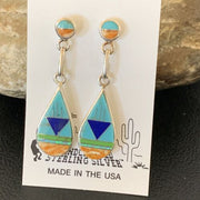 Navajo Multi-Color Turquoise Spiny Opal Inlay Earrings | Sterling Silver | 1.5" | 12010