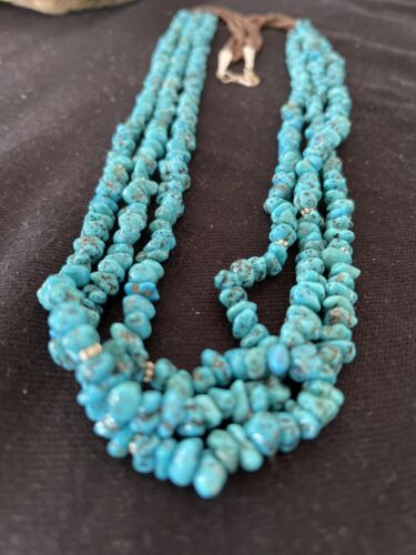 Navajo Kingman Turquoise 3 Strand Necklace | Sterling Silver | Authentic Native American Handmade | 1160