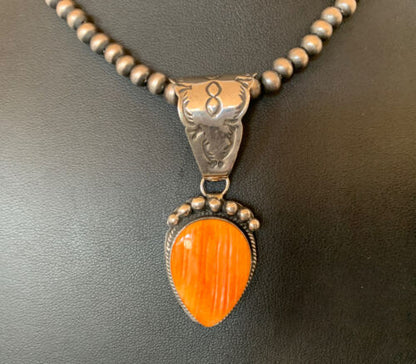 Navajo Orange Spiny Oyster Pendant Necklace | Sterling Silver | Authentic Native American Handmade | 13078