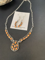 Navajo Orange Spiny Oyster Necklace Earrings Set | Sterling Silver | Authentic Native American Handmade | 2103
