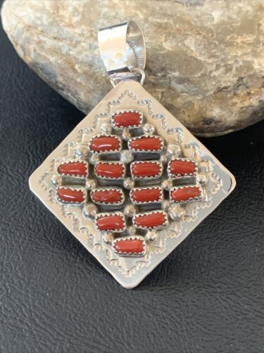 Navajo Red Coral and Multi-Stone Cluster Pendant | Authentic Native American Sterling Silver | 2" | 2101