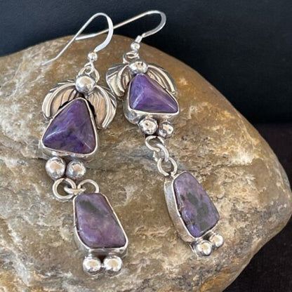 Navajo Purple Charoite Dangle Earrings | Sterling Silver | Authentic Native American Handmade | 1224
