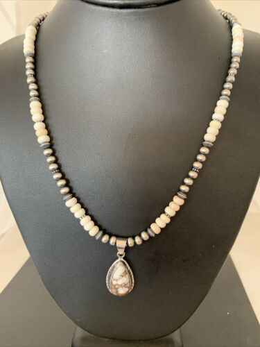 Navajo Pearls Wild Horse Turquoise Howlite Necklace Pendant | Sterling Silver | Authentic Native American Handmade | 1913