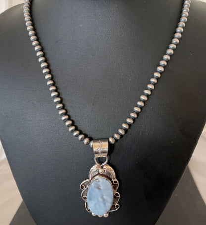 Navajo Blue Larimar Pendant Necklace | Sterling Silver Beads | Authentic Native American Handmade | 01212