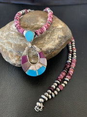 Navajo Sterling Silver Necklace | Turquoise & Purple Spiny Oyster Inlay Pendant Set | 18" | 12331