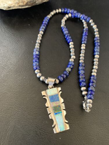 Navajo Pearls Necklace with Blue Lapis & White Opal Inlay Pendant | Sterling Silver | 11631