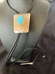 Men's Bolo Tie | Navajo Blue Kingman Turquoise | Sterling Silver | Authentic Native American Handmade | 12146