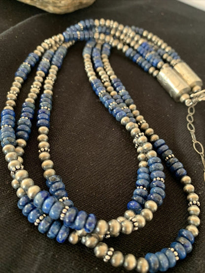Navajo Pearls Denim Lapis Necklace | 3 Strand Sterling Silver | 21" | Authentic Native American Handmade | 929