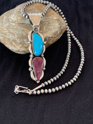 Navajo Kingman Turquoise & Spiny Oyster Pendant Necklace | Sterling Silver | Authentic Native American Handmade | 4576