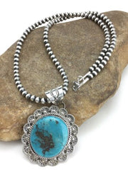 Men's Kingman Turquoise Pendant | Navajo Pearl Sterling Silver Necklace | Authentic Native American Handmade | 4876