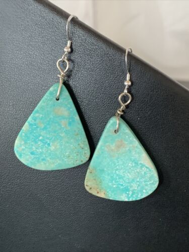 Southwestern Navajo Slab Turquoise Dangle Earrings | Sterling Silver | Authentic Native American Handmade | 1323