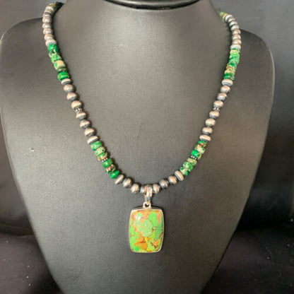 Navajo Pearls Green Mojave Turquoise Pendant Necklace | Sterling Silver | Native American Handmade | 13462