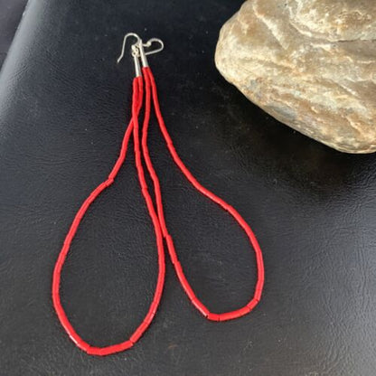 Handmade Sterling Silver Heishi Beads Earrings with Faux Red Coral | 5" | 13502