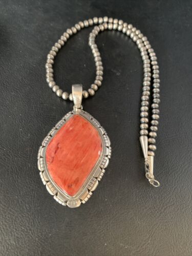 Navajo Red Spiny Oyster Pendant Necklace | Sterling Silver | Authentic Native American Handmade | 13788