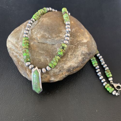 Navajo Green Gaspeite Turquoise Inlay Pendant | Sterling Silver | Authentic Native American Handmade | 13269