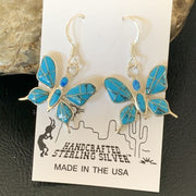 Navajo Blue Turquoise Inlay Butterfly Earrings | Sterling Silver | 0.5" | 12013