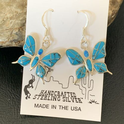 Navajo Blue Turquoise Inlay Butterfly Earrings | Sterling Silver | 0.5" | 12013 - Masha USA