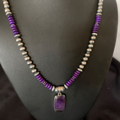 Navajo Pearls Necklace with Purple Sugilite Pendant | Sterling Silver | Authentic Native American Handmade | 11337