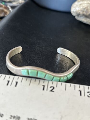 Southwestern Old Pawn Blue Turquoise Inlay Bracelet | Sterling Silver | Authentic Native American Handmade | 14531
