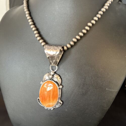 Navajo Pearls Necklace with Orange Spiny Oyster Pendant | Sterling Silver | Authentic Native American Handmade | 14723