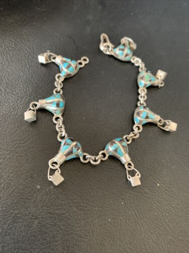 Navajo Blue Turquoise Lapis Inlay Link Bracelet | Sterling Silver | 7" | Authentic Native American Handmade | 12925
