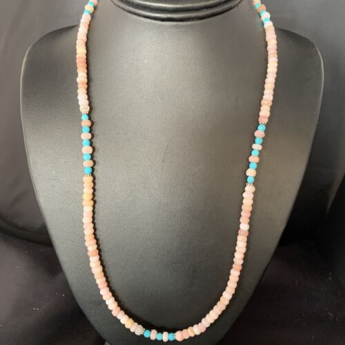 Navajo Blue Turquoise Pink Opal Bead Necklace | Sterling Silver | Authentic Native American Handmade | 22" | 13592