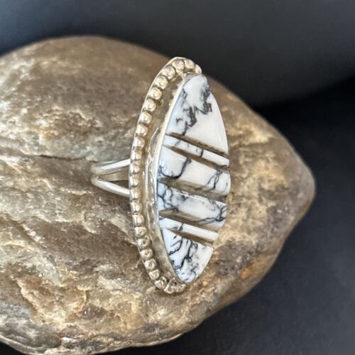 Navajo White Buffalo Turquoise Inlay Ring | Sterling Silver | Sz 8.5 | Authentic Native American Handmade | 14553
