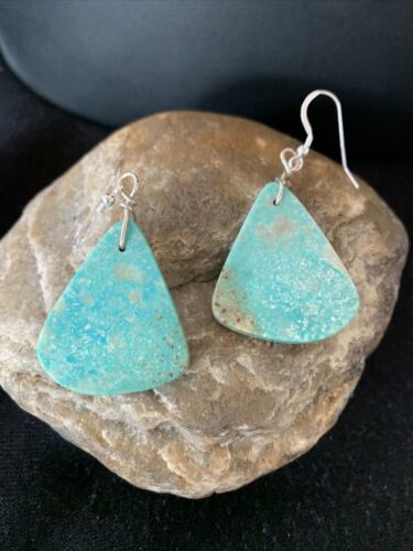 Southwestern Navajo Slab Turquoise Dangle Earrings | Sterling Silver | Authentic Native American Handmade | 1323
