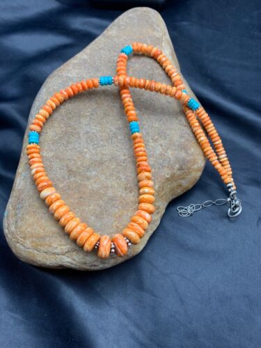 Navajo Spiny Oyster & Turquoise Graduated Necklace | Sterling Silver | Authentic Native American | 20" | 4608