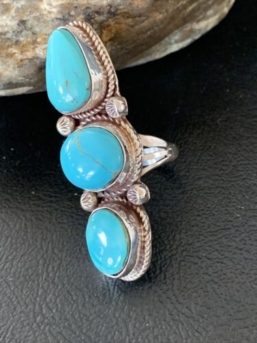 Navajo Blue Turquoise Cluster Ring | Authentic Native American Sterling Silver | Multi-Stone | Sz 8 | 2121