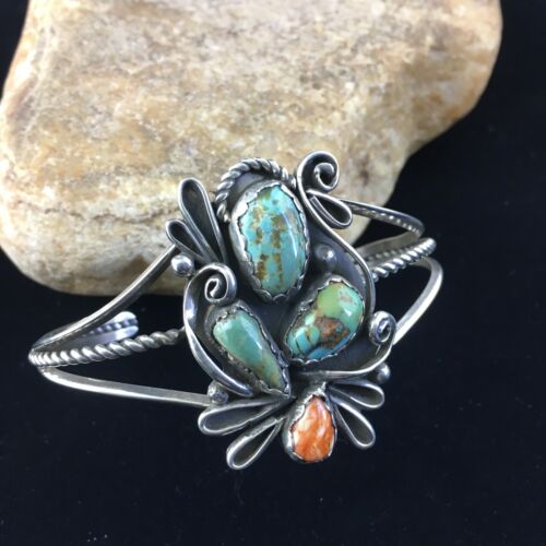 Navajo Native American Bracelet | Sterling Silver | Spiny Oyster Green Turquoise | 10113