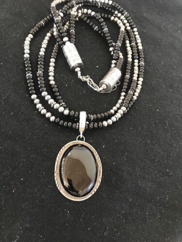 Navajo Pearls Black Onyx Pendant Necklace | Sterling Silver | 3 Strand| 23" | 8143