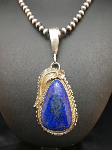 Navajo Lapis Pendant Necklace | Sterling Silver Pearls | Authentic Native American Handmade | 1005