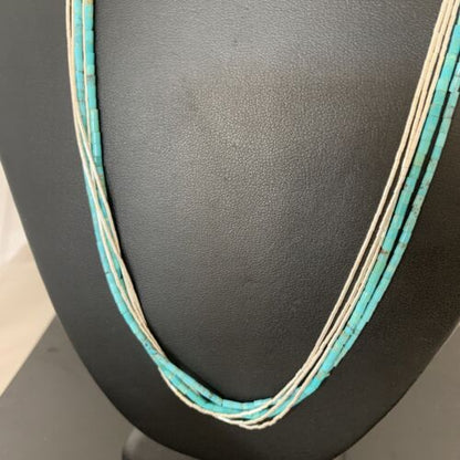 Navajo Turquoise Tube Beads | Liquid Silver Heishi | 5-Strand Sterling Silver Necklace 21" | 2178