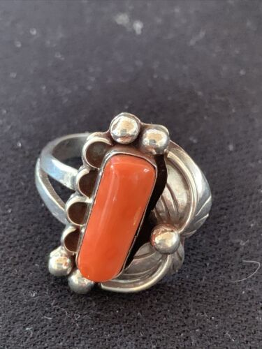 Navajo Red Coral Ring | Sterling Silver | Sz 9.5 | Authentic Native American Handmade | 01300
