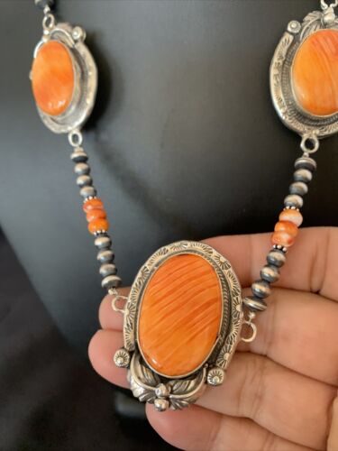 Navajo Pearls Orange Spiny Oyster Necklace Pendant | Sterling Silver | Authentic Native American Handmade | 10818