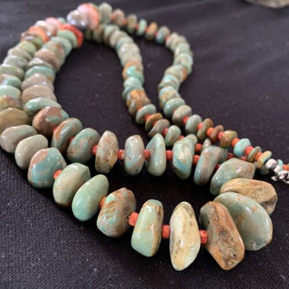 Authentic Native American Navajo Necklace | Sterling Silver | Green Turquoise & Spiny Oyster | 32" | 01669