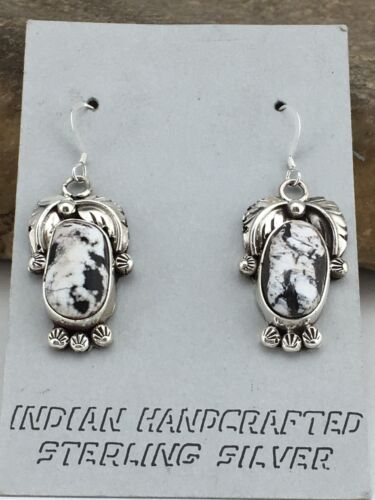 Navajo White Buffalo Turquoise Dangle Earrings | Sterling Silver | 1.25" | Authentic Native American Handmade | 1325