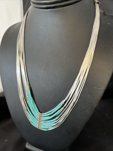 Southwestern Liquid Silver Heishi Necklace | 10 Strand | Turquoise | Sterling Silver | 14819
