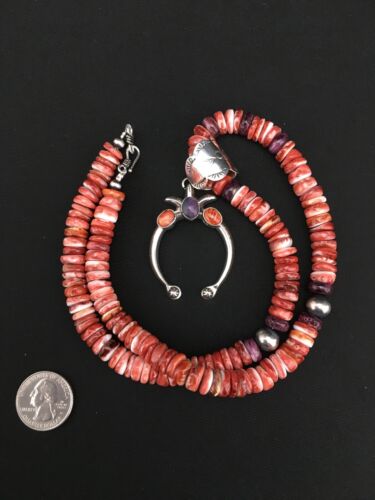 Navajo Spiny Oyster Naja Necklace | Sterling Silver Pendant | 22" | Authentic Native American Handmade | 1275