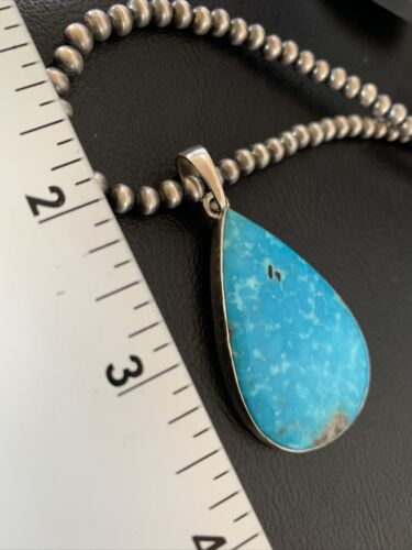 Navajo Pearls Blue Kingman Turquoise Necklace Pendant | Sterling Silver | Authentic Native American Handmade | 11810