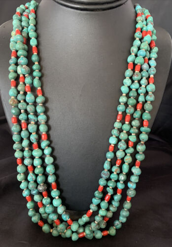 Native American Santo Domingo Blue Turquoise Coral Nugget Bead Necklace | 34" | 13183