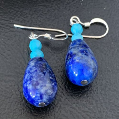 Navajo Lapis Lazuli Turquoise Bead Dangle Earrings | Sterling Silver | Authentic Native American Handmade | 1541
