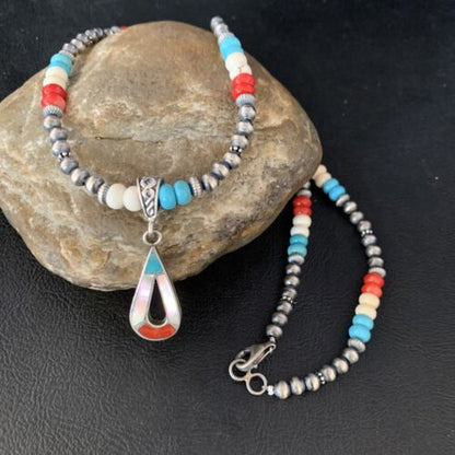 Navajo Pearls Wild Horse Turquoise Necklace Inlay Pendant | Sterling Silver | Authentic Native American Handmade | 13885