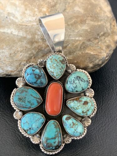 Navajo Cluster Coral Spiderweb Turquoise Pendant | Sterling Silver | Authentic Native American Handmade | 2227