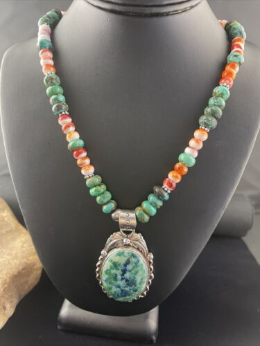 Men's Navajo Sterling Silver Necklace | Spiny Oyster & Turquoise | Moss Agate Pendant | Native American | 01625
