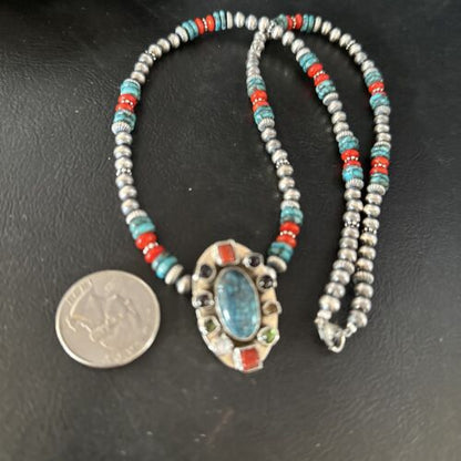 Navajo Multi-Color Blue Turquoise Coral Necklace Pendant | Authentic Native American Sterling Silver | Naja | 14371 - Masha USA