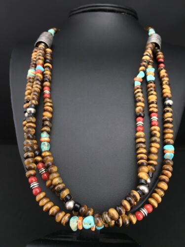 Navajo Multi-Color 3 Strand Necklace | Tiger's Eye & Turquoise | Sterling Silver | 4896