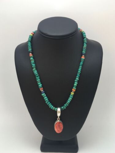 Pueblo Turquoise & Spiny Oyster Pendant Necklace | Sterling Silver | Authentic Native American Handmade | 8910
