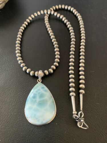 Navajo Blue Larimar Pendant Necklace | Sterling Silver Beads | Authentic Native American Handmade | 1765